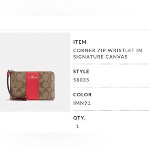Coach Corner Zip Wristlet in Signature Canvas. Khaki and Poppy color.